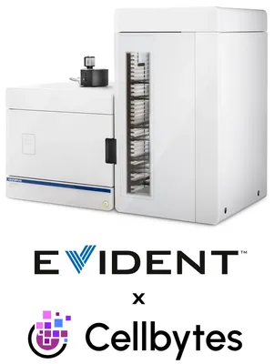 Evident's digital microscope, the SLIDEVIEW VS200, shown on top of the Evident and Cellbytes logos.