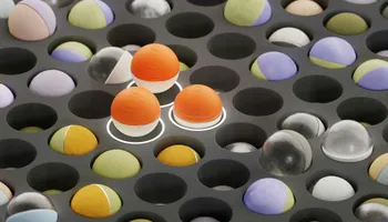 Colorful spheres popping in and out of a hexagonal grid of holes.